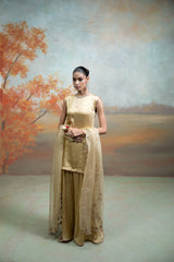 Golden Mirror Zari Work Organza Kurta Set (3 Pcs)