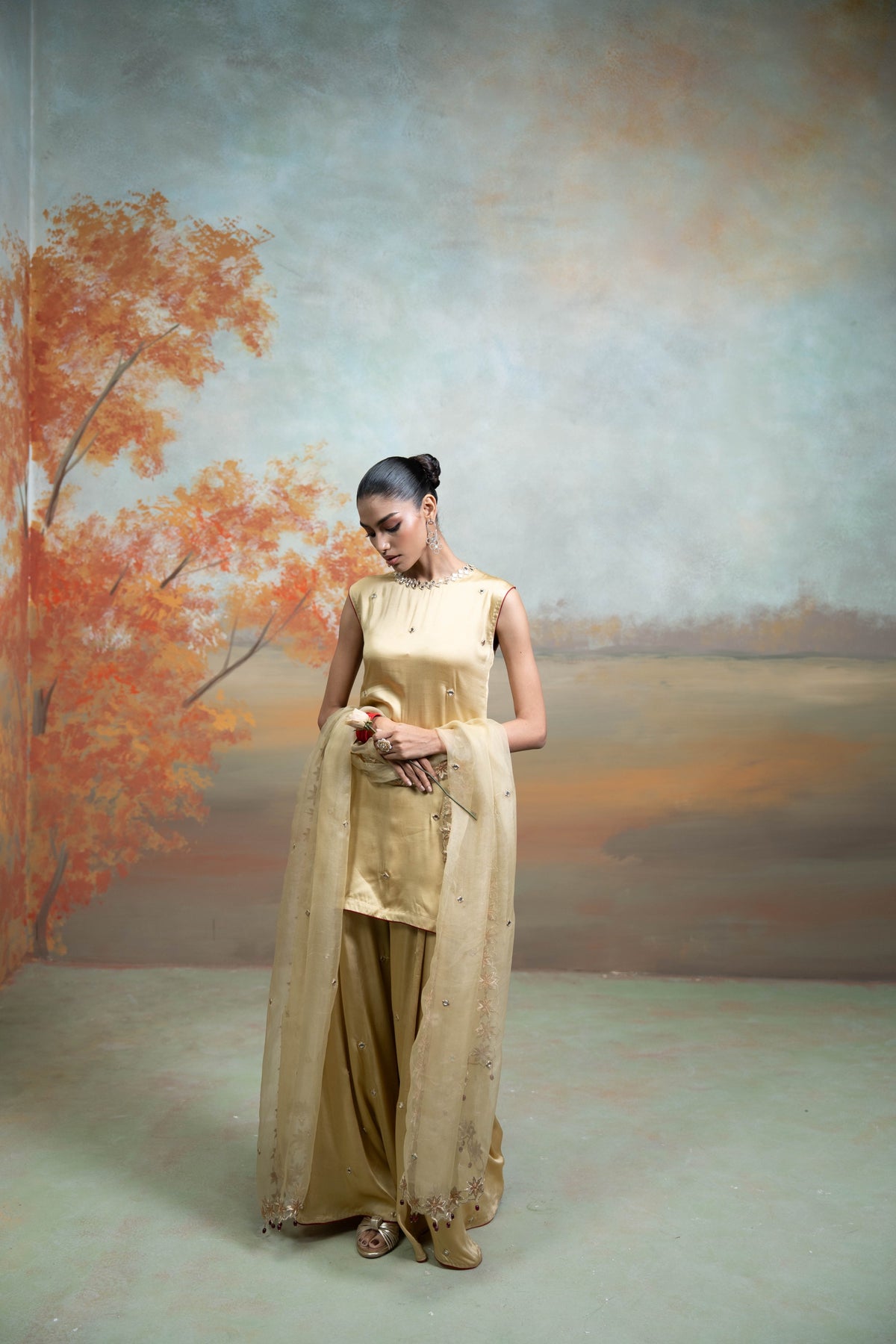Golden Mirror Zari Work Organza Kurta Set (3 Pcs)