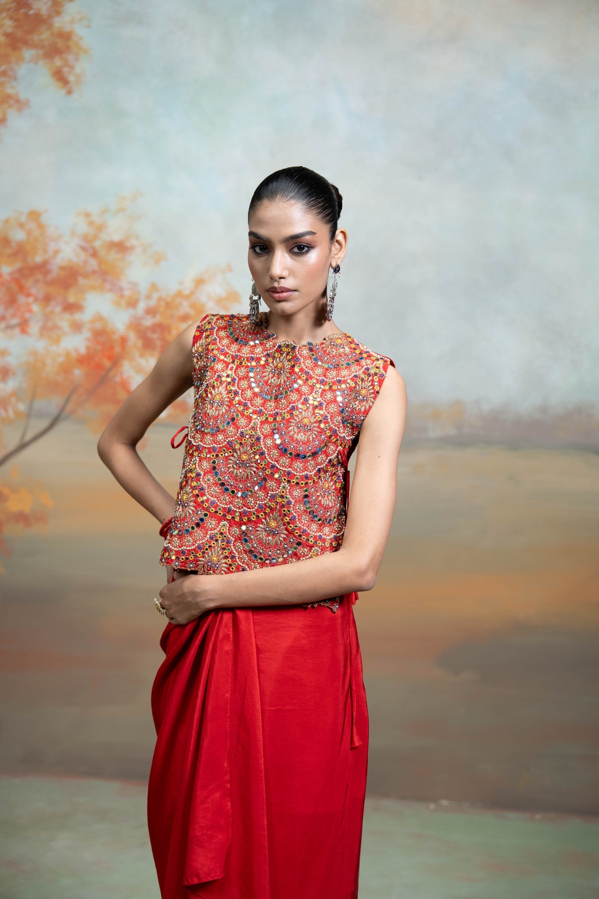 Red Zari Cutdana Pearl Work Silk Blend Drape Skirt Set (2 Pcs)