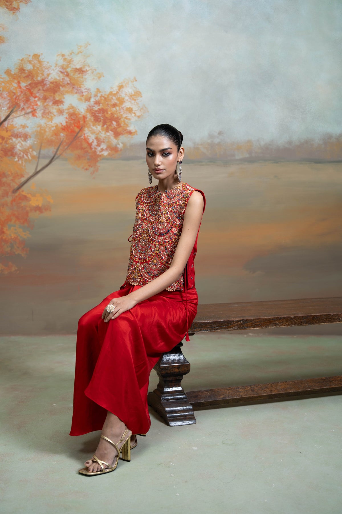 Red Zari Cutdana Pearl Work Silk Blend Drape Skirt Set (2 Pcs)
