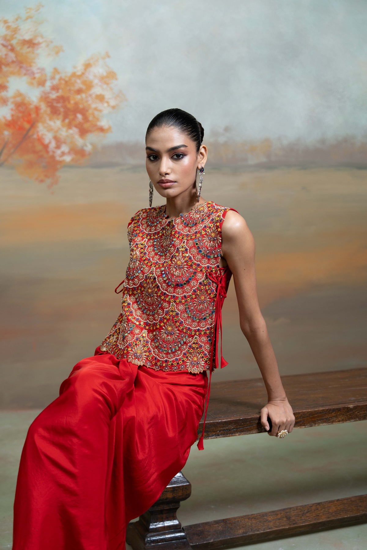 Red Zari Cutdana Pearl Work Silk Blend Drape Skirt Set (2 Pcs)