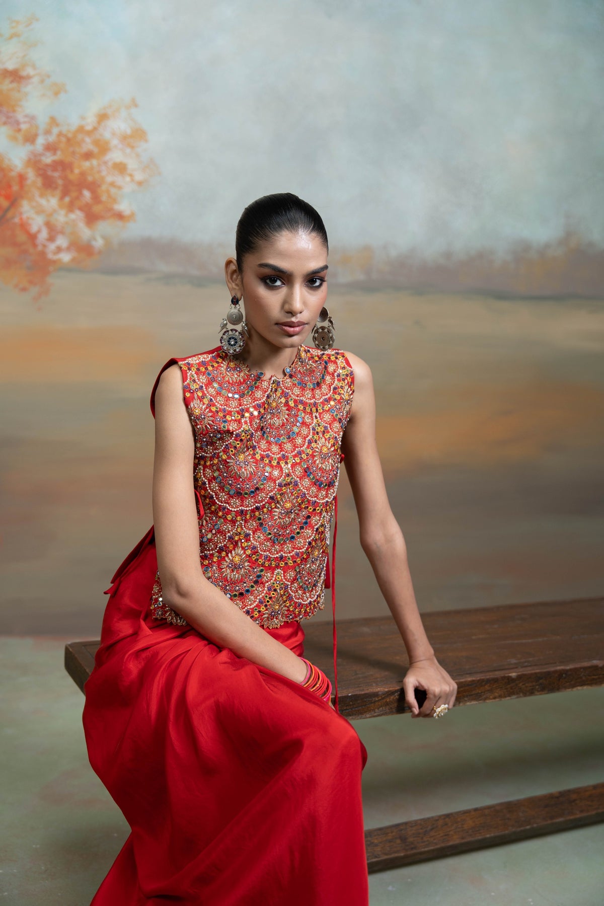Red Zari Cutdana Pearl Work Silk Blend Drape Skirt Set (2 Pcs)