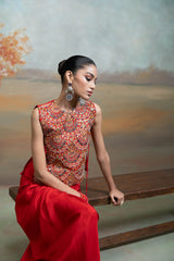 Red Zari Cutdana Pearl Work Silk Blend Drape Skirt Set (2 Pcs)
