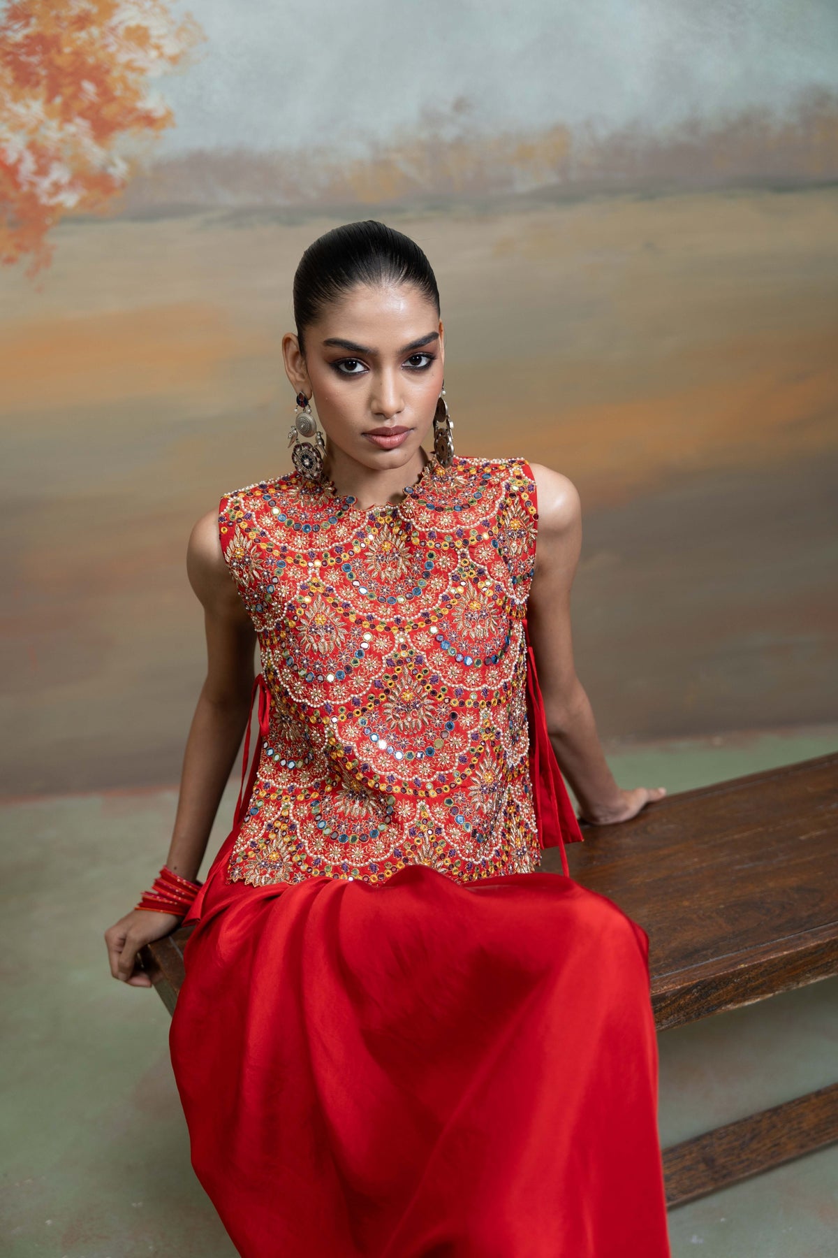 Red Zari Cutdana Pearl Work Silk Blend Drape Skirt Set (2 Pcs)