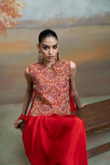 Red Zari Cutdana Pearl Work Silk Blend Drape Skirt Set (2 Pcs)