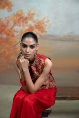 Red Zari Cutdana Pearl Work Silk Blend Drape Skirt Set (2 Pcs)