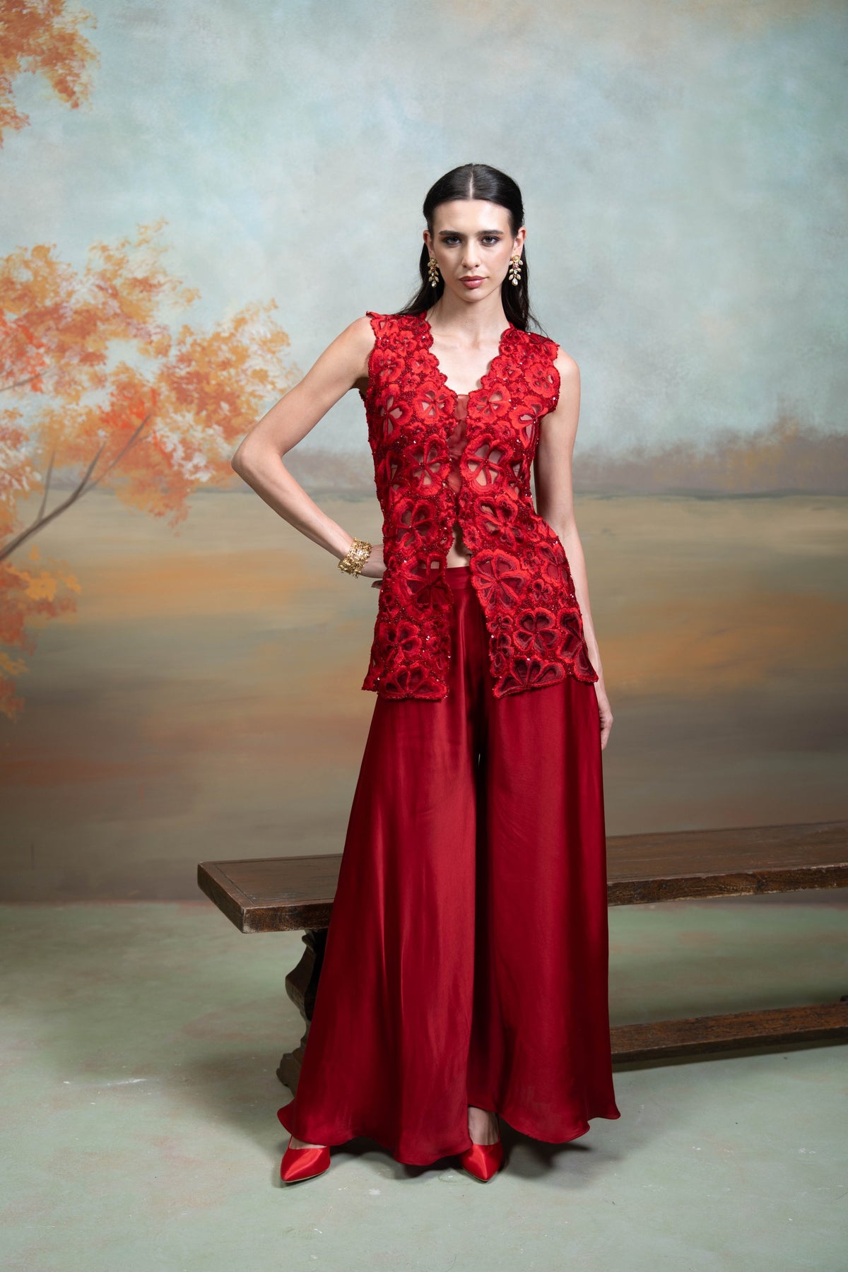 Maroon Sequin Cutdana Work Georgette Gharara Set (2 Pcs)