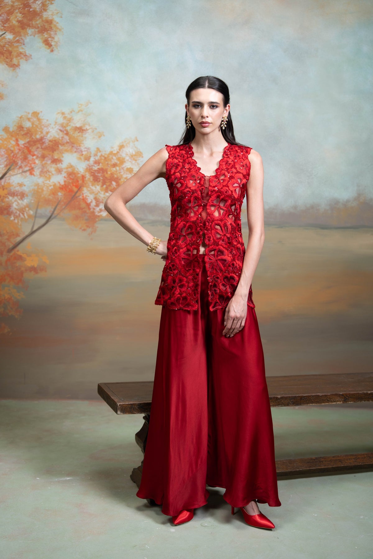 Maroon Sequin Cutdana Work Georgette Gharara Set (2 Pcs)