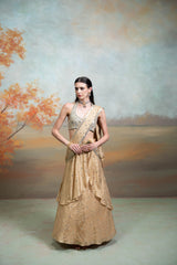 Golden & Green Heavy Zardozi Mirror Work Silk Pre-Draped Lehenga Set (2 Pcs)