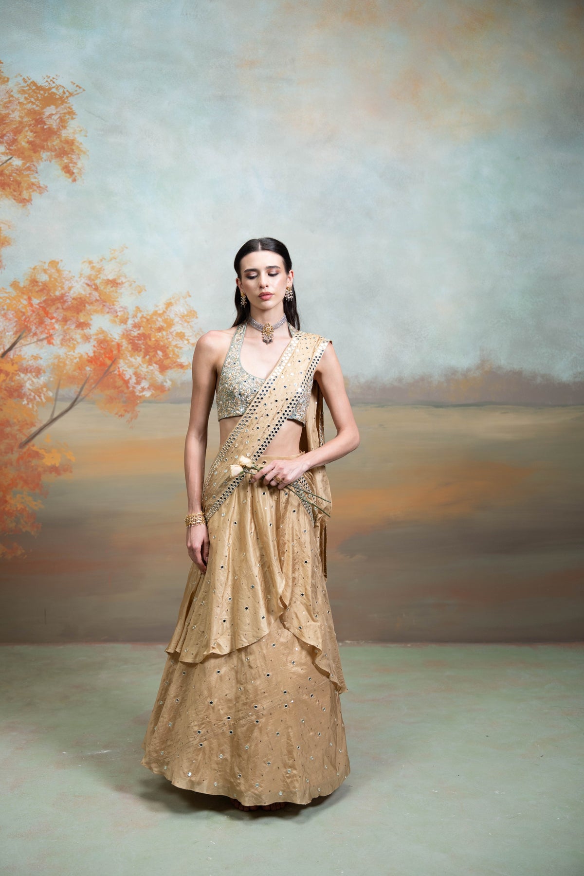 Golden & Green Heavy Zardozi Mirror Work Silk Pre-Draped Lehenga Set (2 Pcs)