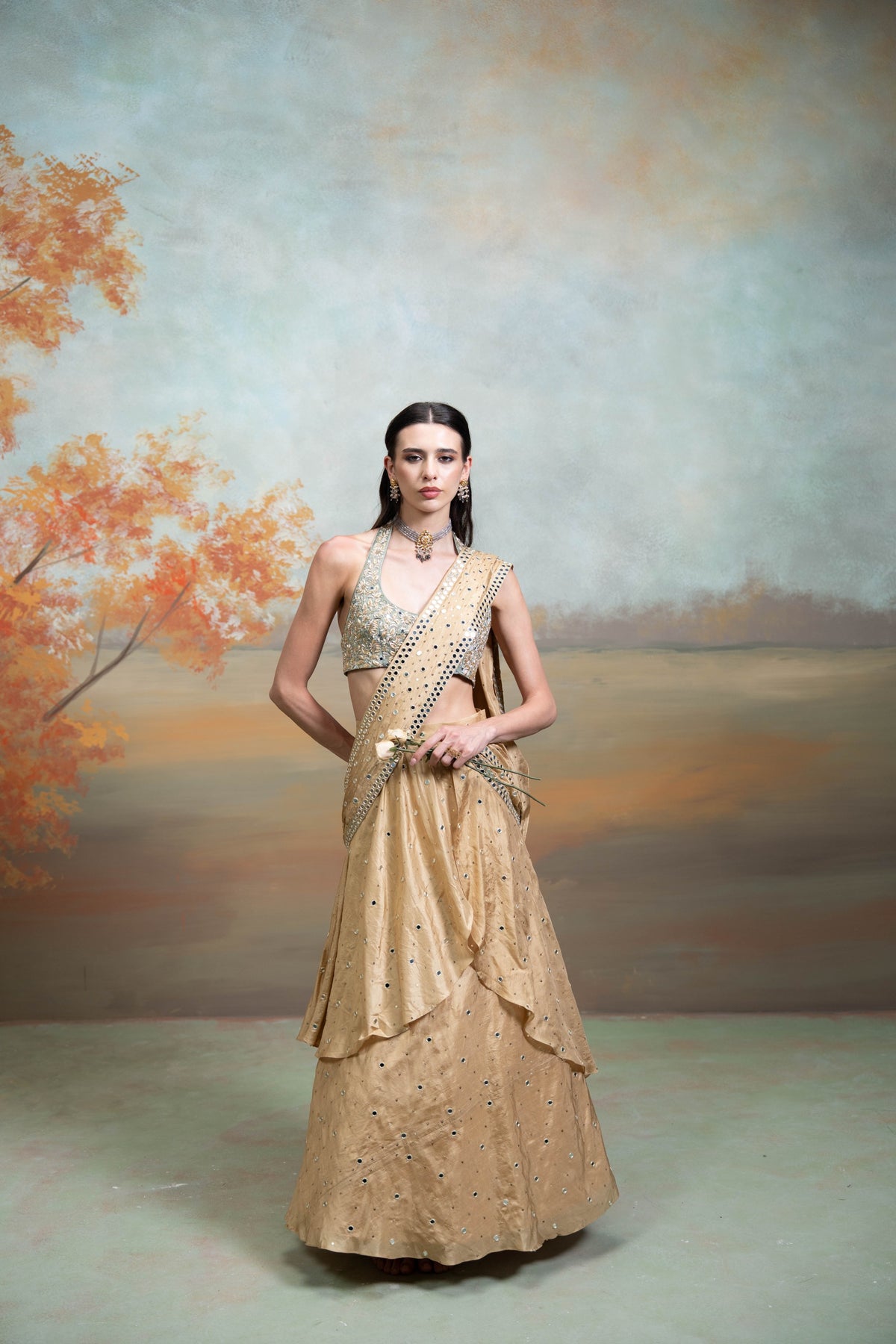 Golden & Green Heavy Zardozi Mirror Work Silk Pre-Draped Lehenga Set (2 Pcs)