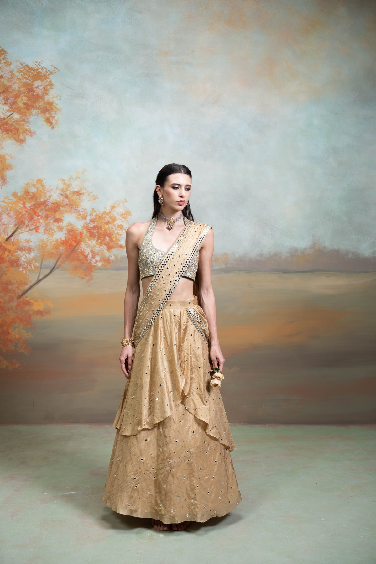 Golden & Green Heavy Zardozi Mirror Work Silk Pre-Draped Lehenga Set (2 Pcs)