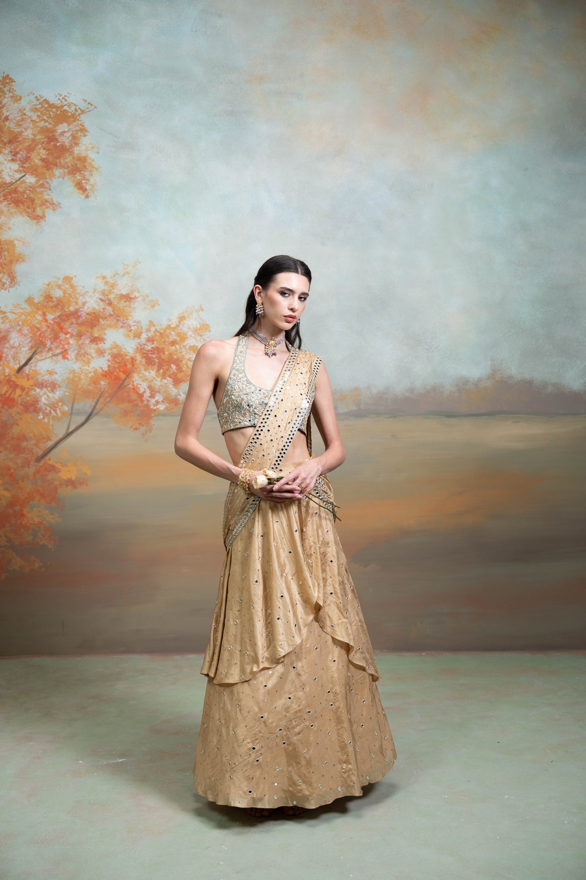 Golden & Green Heavy Zardozi Mirror Work Silk Pre-Draped Lehenga Set (2 Pcs)