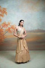 Golden & Green Heavy Zardozi Mirror Work Silk Pre-Draped Lehenga Set (2 Pcs)