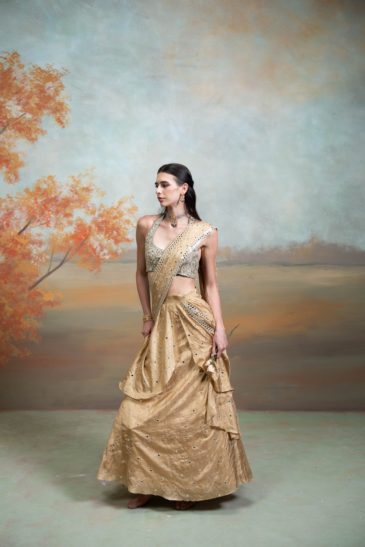 Golden & Green Heavy Zardozi Mirror Work Silk Pre-Draped Lehenga Set (2 Pcs)