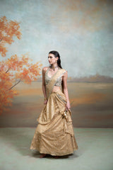 Golden & Green Heavy Zardozi Mirror Work Silk Pre-Draped Lehenga Set (2 Pcs)