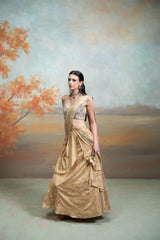Golden & Green Heavy Zardozi Mirror Work Silk Pre-Draped Lehenga Set (2 Pcs)