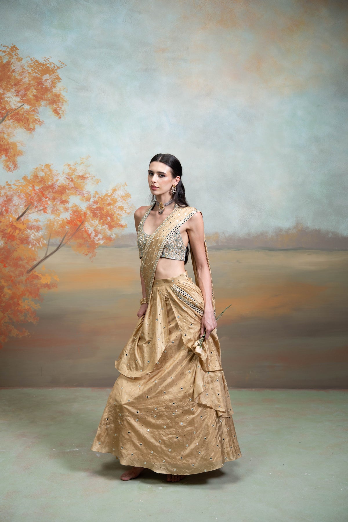 Golden & Green Heavy Zardozi Mirror Work Silk Pre-Draped Lehenga Set (2 Pcs)