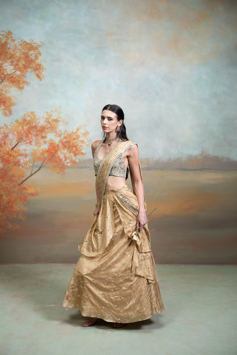 Golden & Green Heavy Zardozi Mirror Work Silk Pre-Draped Lehenga Set (2 Pcs)