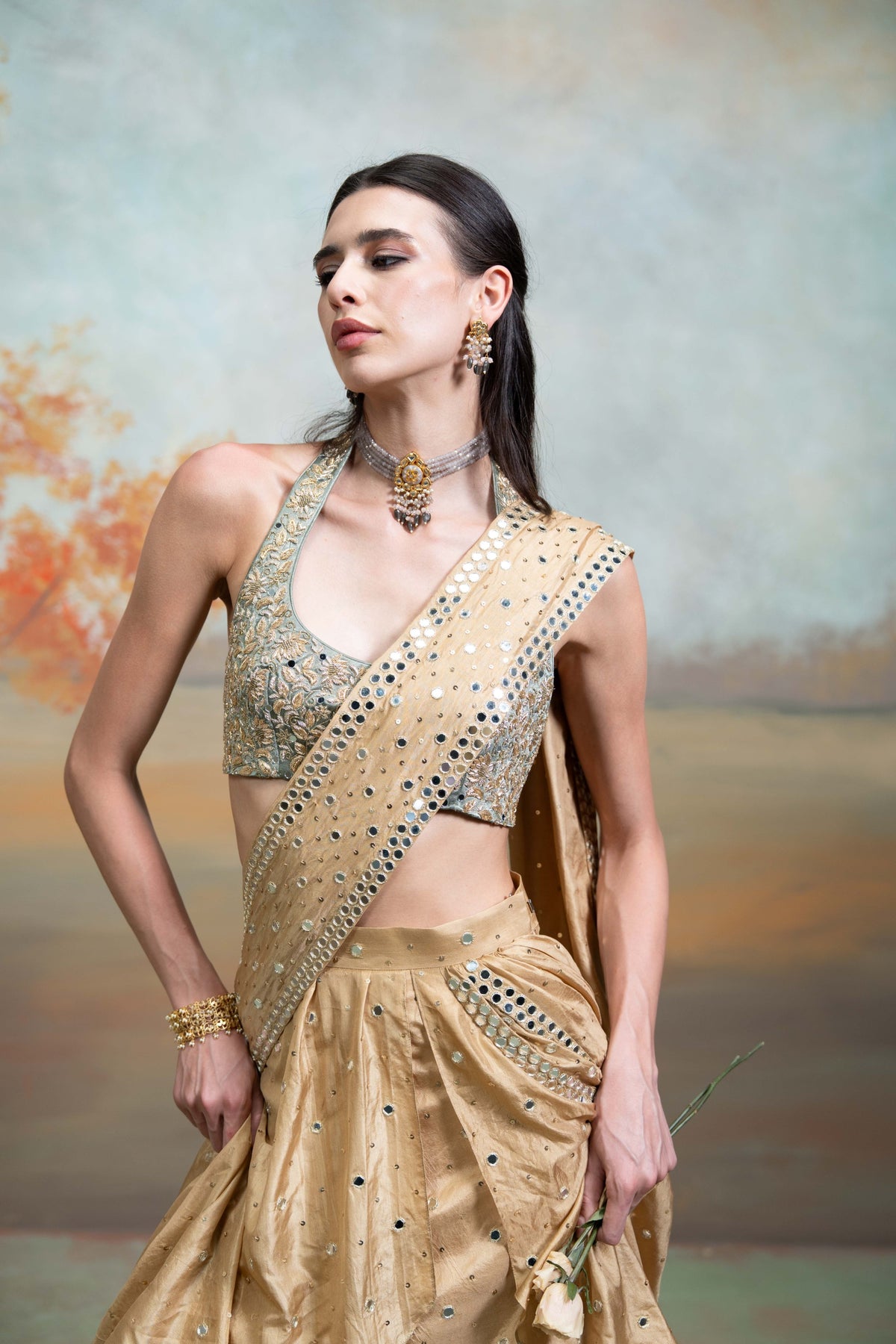 Golden & Green Heavy Zardozi Mirror Work Silk Pre-Draped Lehenga Set (2 Pcs)