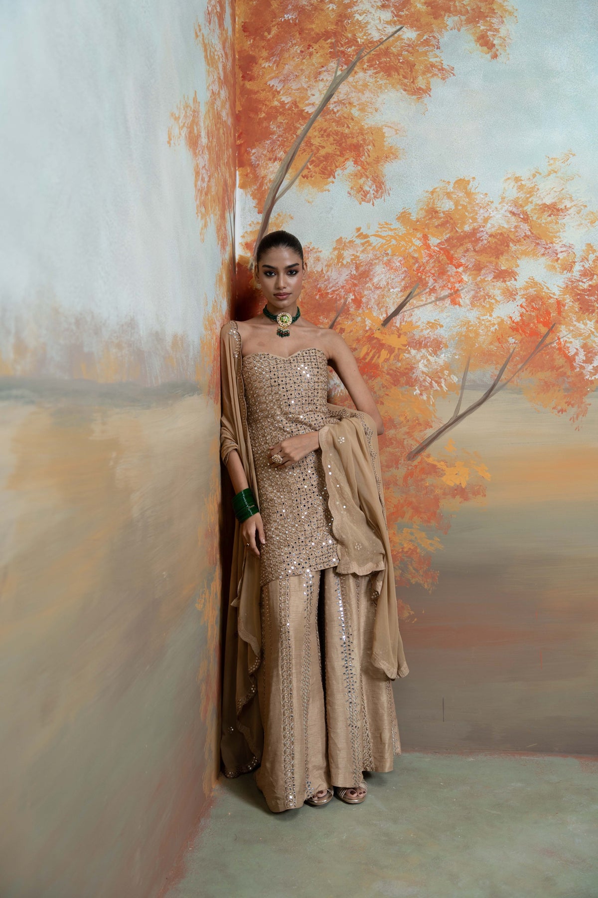 Golden Zardozi Mirror Work Raw Silk Gharara Set (3 Pcs)