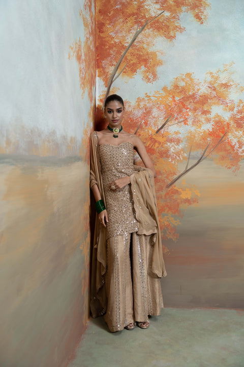 Golden Zardozi Mirror Work Raw Silk Gharara Set (3 Pcs)