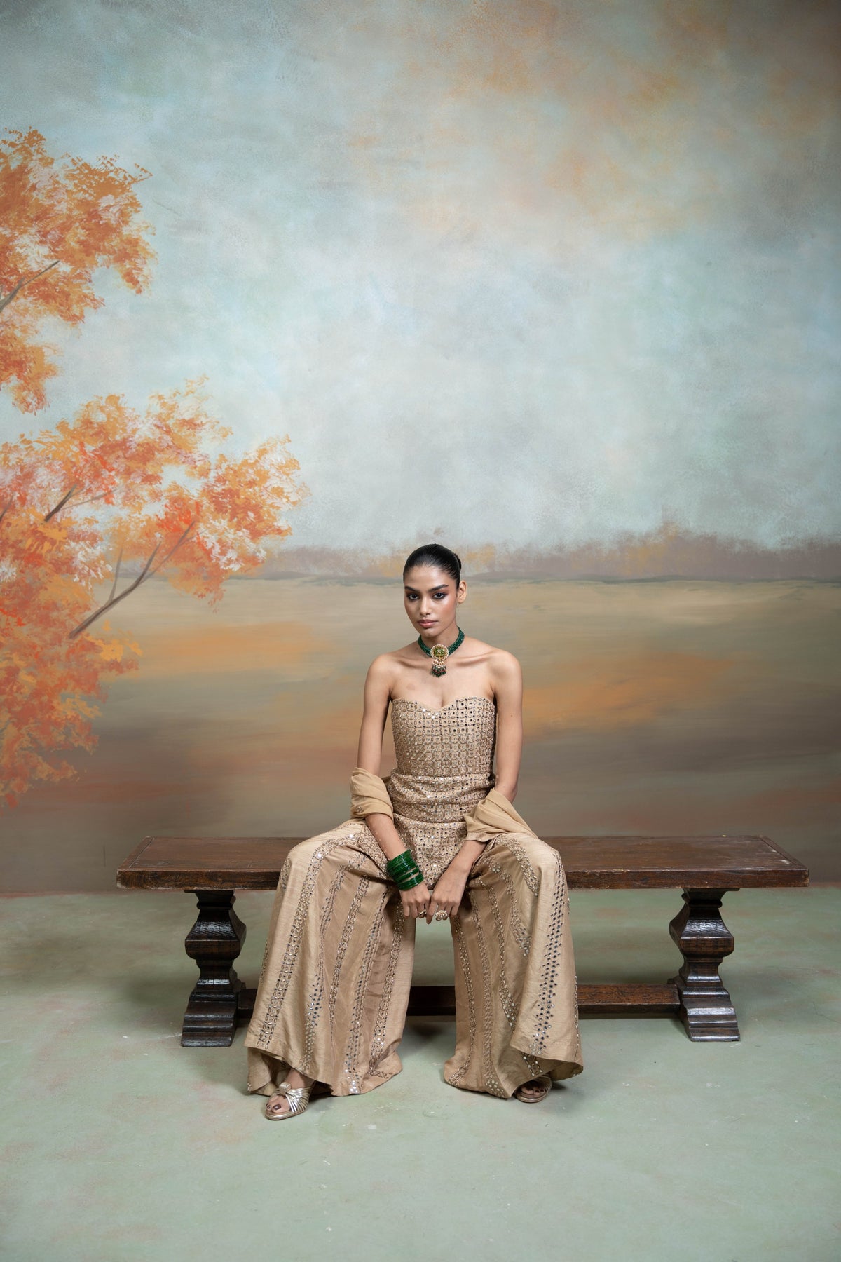 Golden Zardozi Mirror Work Raw Silk Gharara Set (3 Pcs)