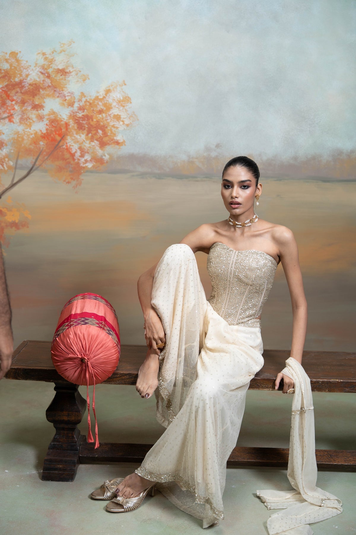 Beige Sequin Work Corset with Net Sharara Set (2 Pcs)
