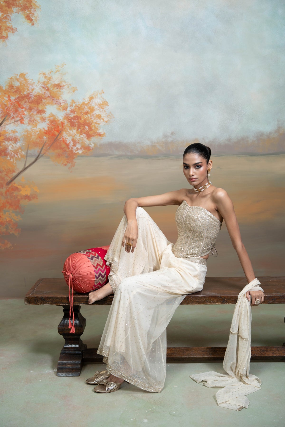 Beige Sequin Work Corset with Net Sharara Set (2 Pcs)