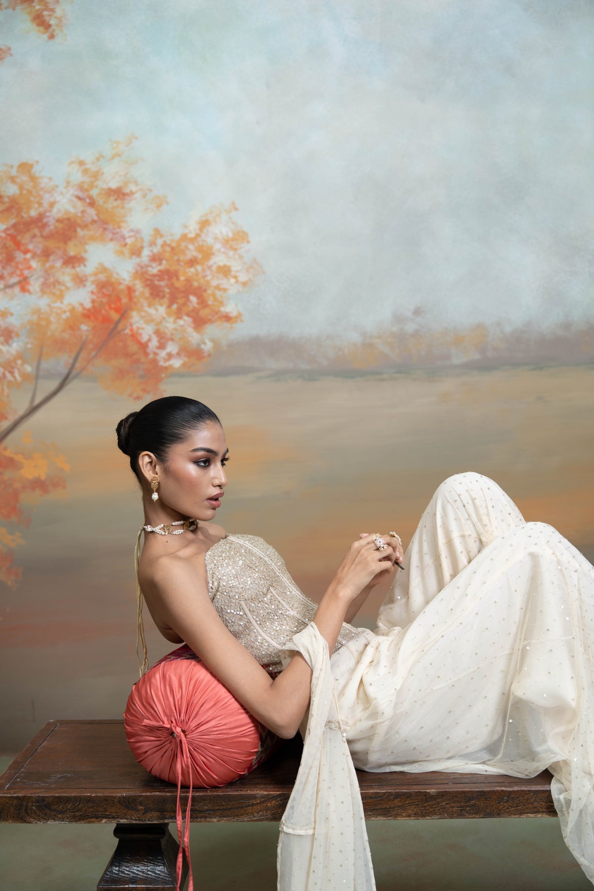 Beige Sequin Work Corset with Net Sharara Set (2 Pcs)