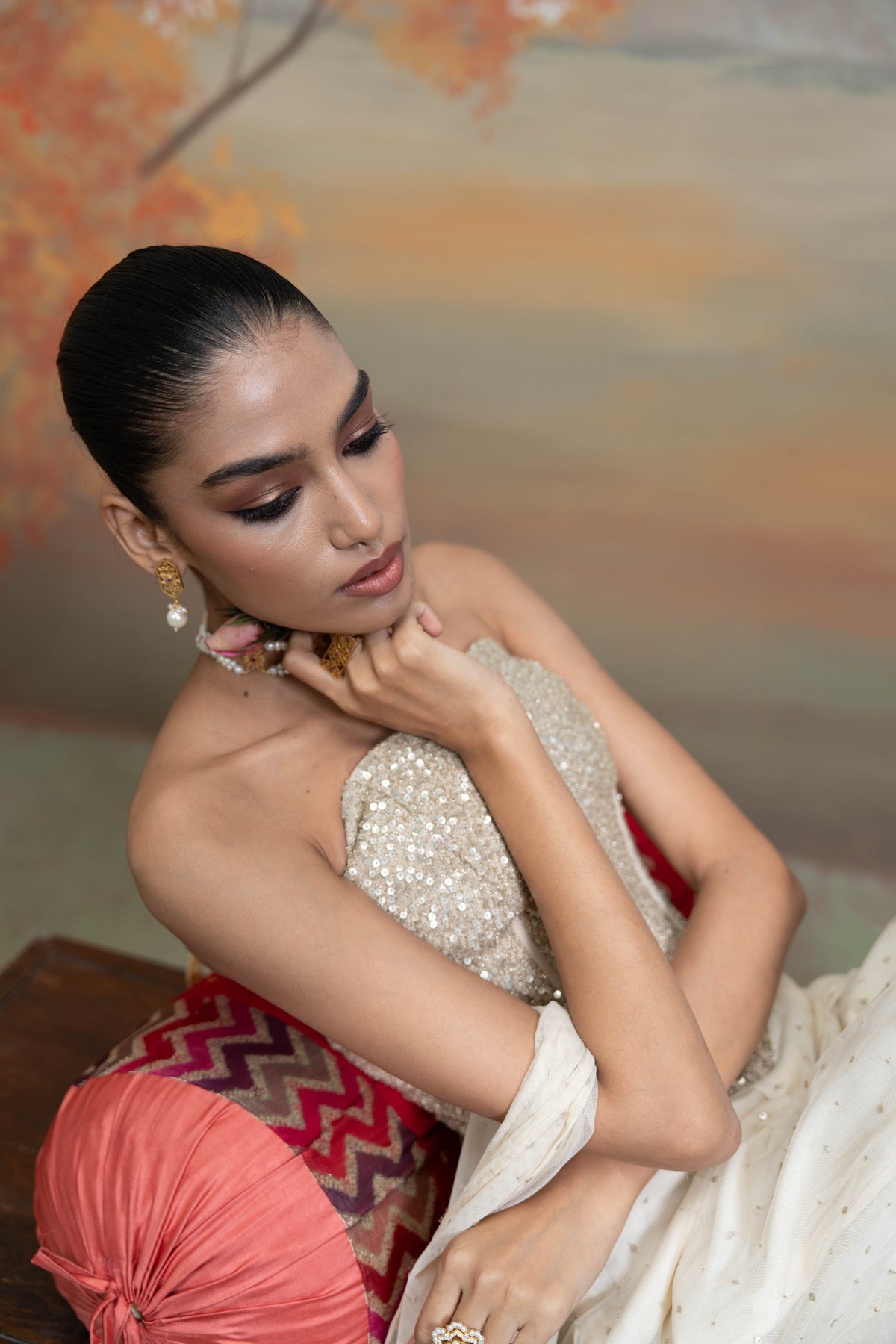 Beige Sequin Work Corset with Net Sharara Set (2 Pcs)