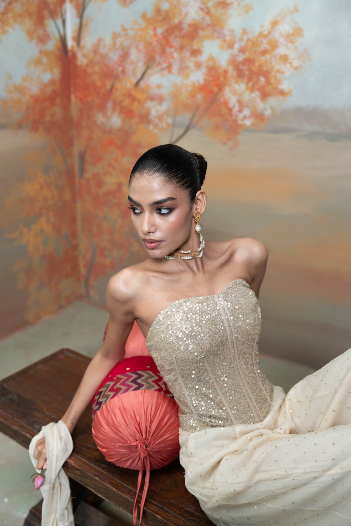 Beige Sequin Work Corset with Net Sharara Set (2 Pcs)