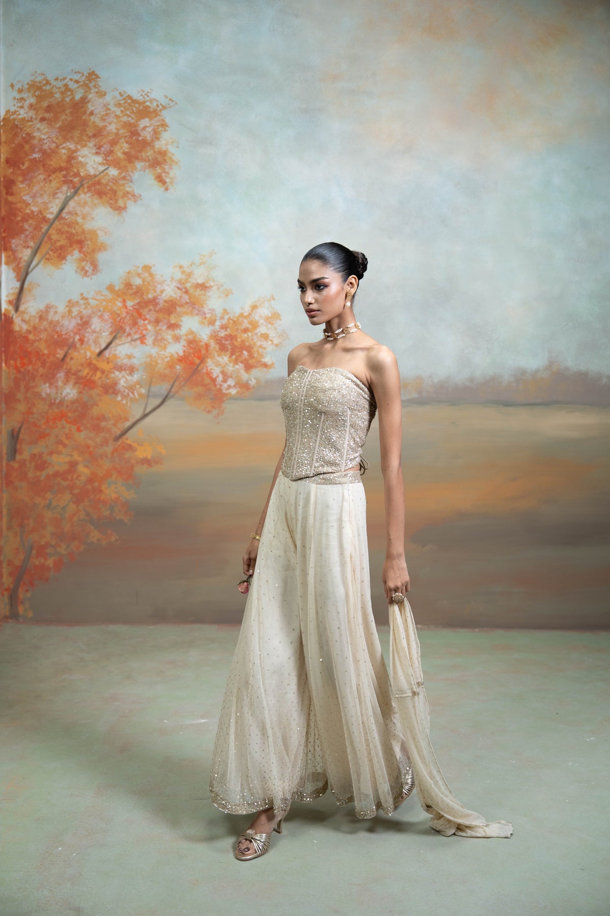 Beige Sequin Work Corset with Net Sharara Set (2 Pcs)