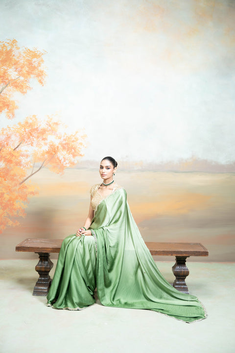 Green Golden Mirror Sequin Work Georgette Saree Set (2 Pcs)
