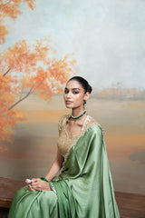 Green Golden Mirror Sequin Work Georgette Saree Set (2 Pcs)