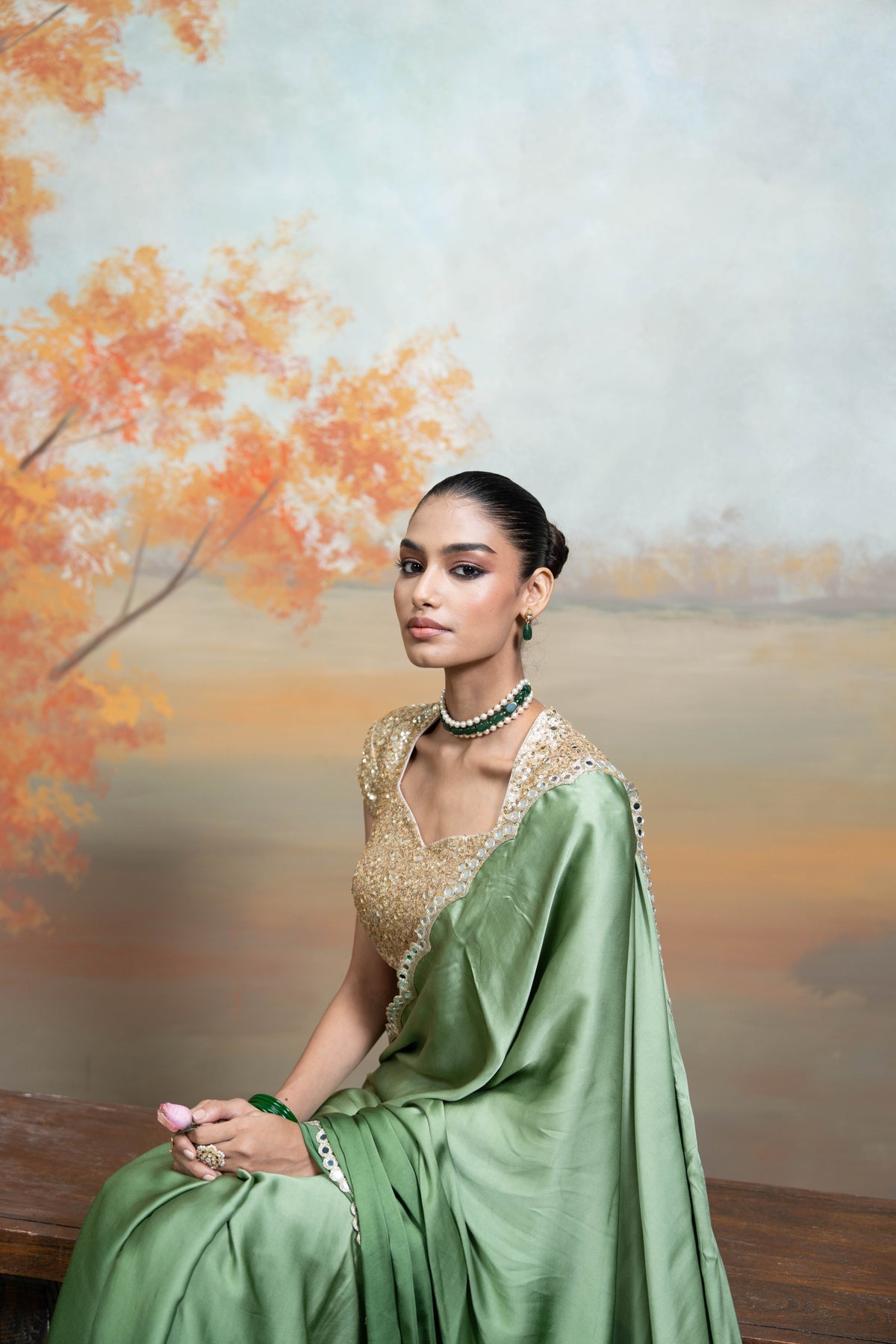 Green Golden Mirror Sequin Work Georgette Saree Set (2 Pcs)