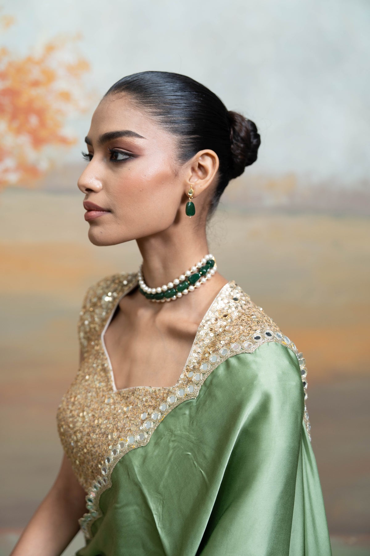 Green Golden Mirror Sequin Work Georgette Saree Set (2 Pcs)