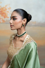 Green Golden Mirror Sequin Work Georgette Saree Set (2 Pcs)