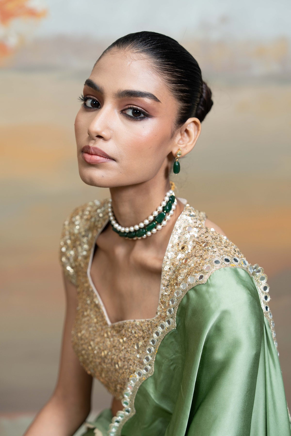 Green Golden Mirror Sequin Work Georgette Saree Set (2 Pcs)