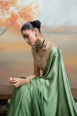 Green Golden Mirror Sequin Work Georgette Saree Set (2 Pcs)