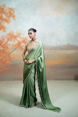 Green Golden Mirror Sequin Work Georgette Saree Set (2 Pcs)