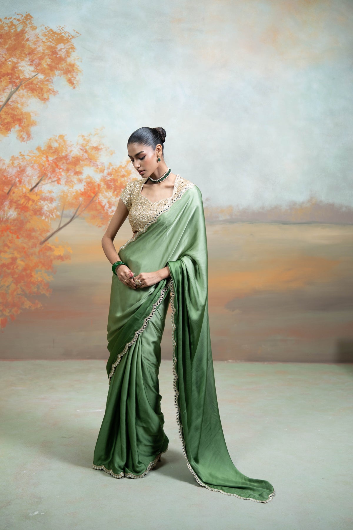 Green Golden Mirror Sequin Work Georgette Saree Set (2 Pcs)