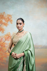 Green Golden Mirror Sequin Work Georgette Saree Set (2 Pcs)