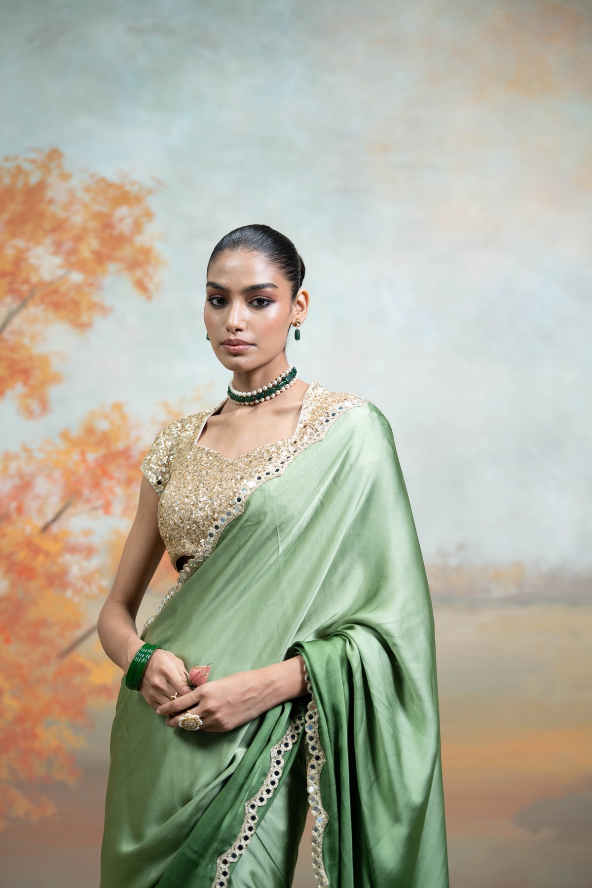 Green Golden Mirror Sequin Work Georgette Saree Set (2 Pcs)