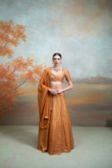 Orange Zardozi Mirror Cutdana Work Raw Silk Lehenga Set (3 Pcs)