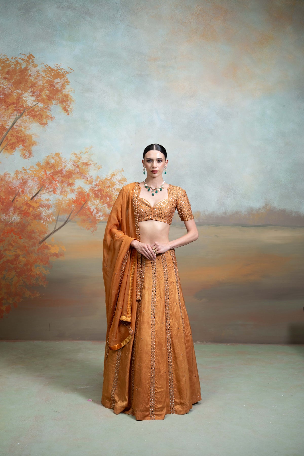 Orange Zardozi Mirror Cutdana Work Raw Silk Lehenga Set (3 Pcs)