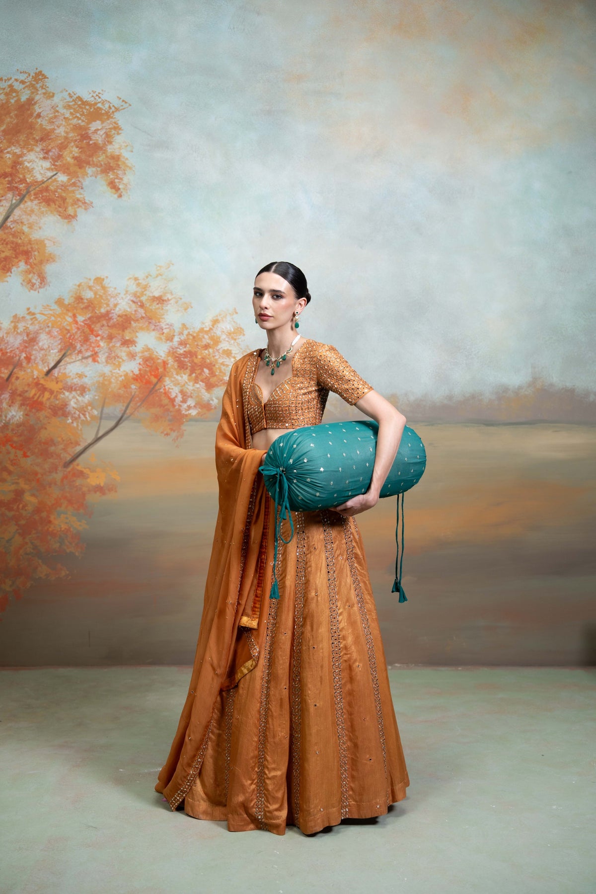 Orange Zardozi Mirror Cutdana Work Raw Silk Lehenga Set (3 Pcs)