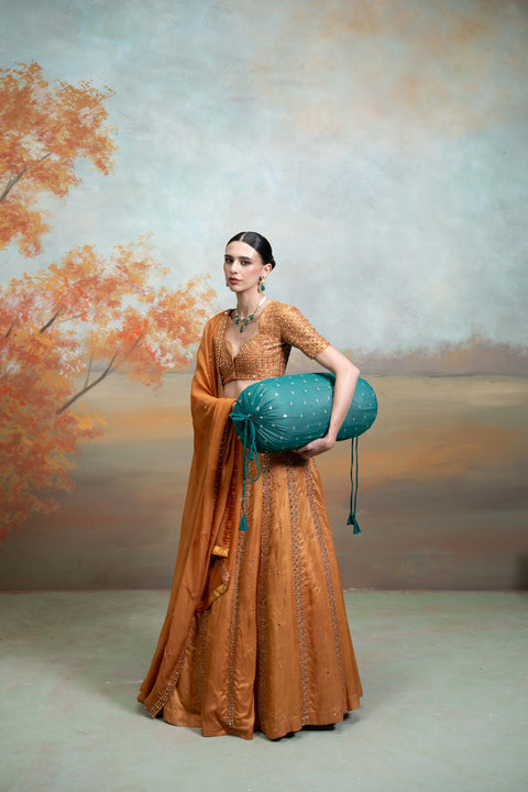 Orange Zardozi Mirror Cutdana Work Raw Silk Lehenga Set (3 Pcs)
