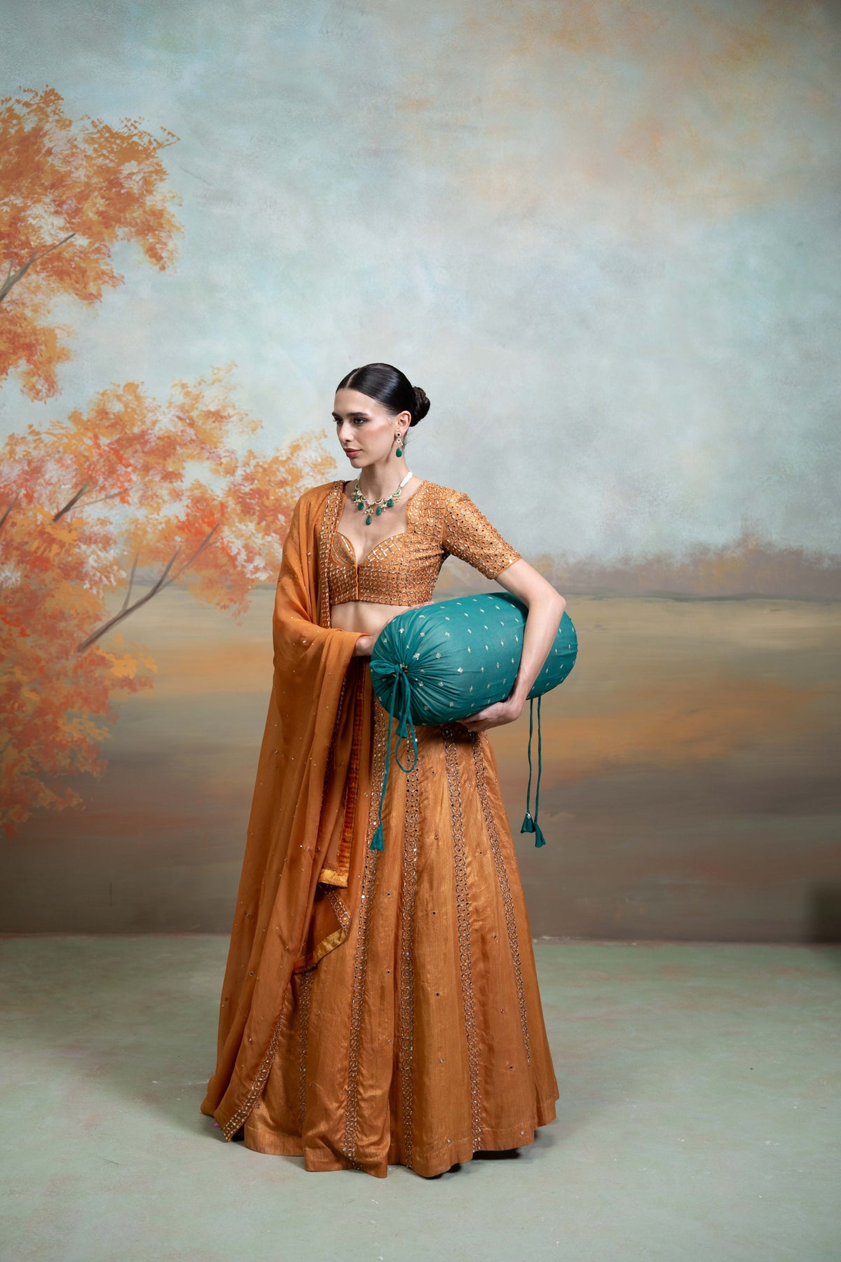 Orange Zardozi Mirror Cutdana Work Raw Silk Lehenga Set (3 Pcs)