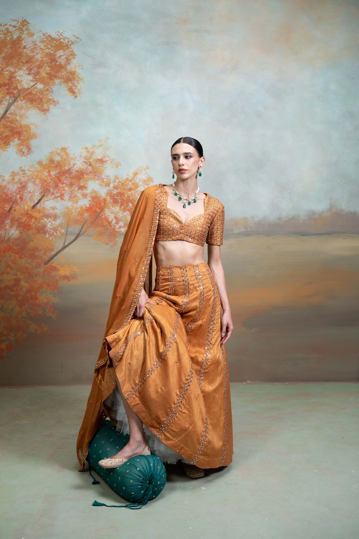 Orange Zardozi Mirror Cutdana Work Raw Silk Lehenga Set (3 Pcs)